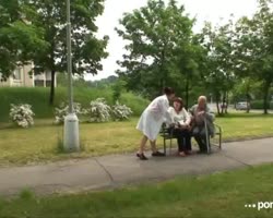 An elderly couple goes into the woods with their young nanny for a horny threesome!